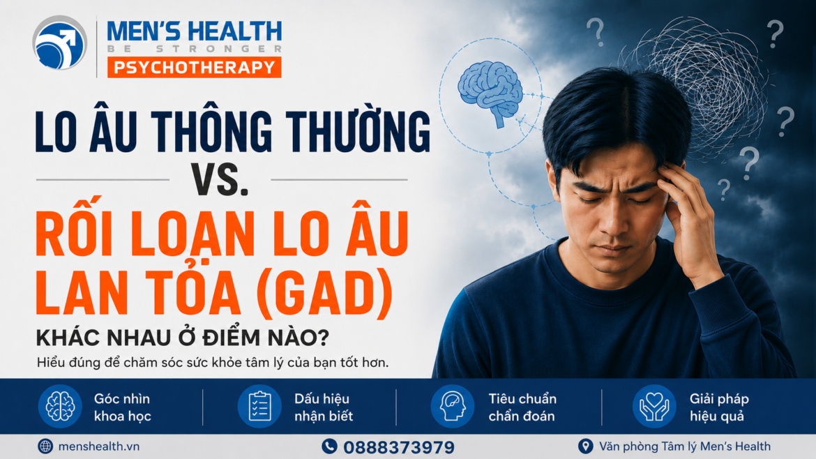 Lo âu thông thường và Rối loạn lo âu lan tỏa (GAD): Hình minh họa não bộ, căng thẳng và sức khỏe tâm thần.