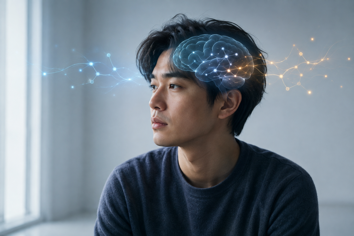 Hình minh họa não bộ với các tín hiệu Serotonin và Dopamine, thể hiện mối liên hệ phức tạp giữa chất dẫn truyền thần kinh và bệnh trầm cảm.